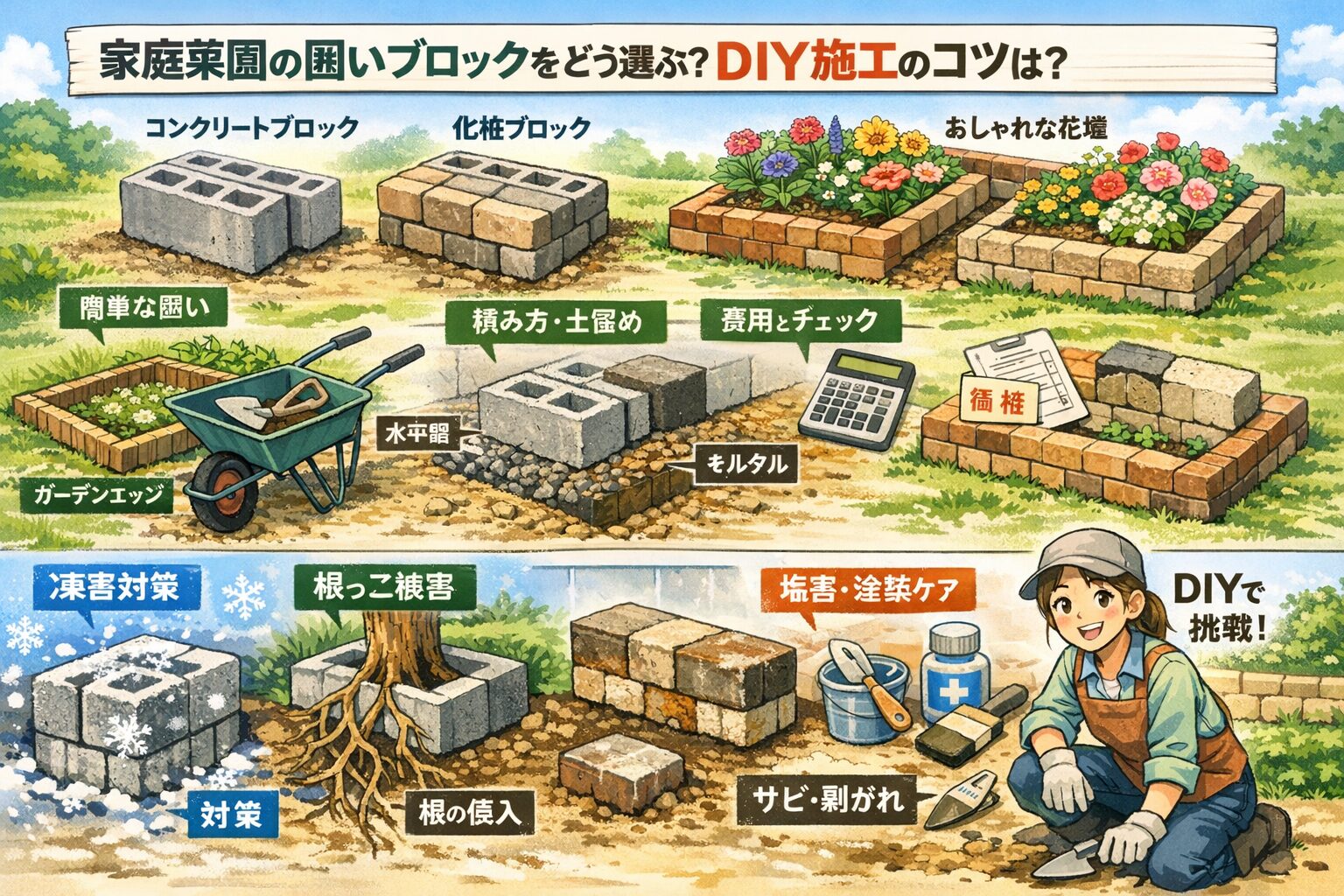家庭菜園の囲いブロックで土留め！積み方・排水・凍害対策のコツ 