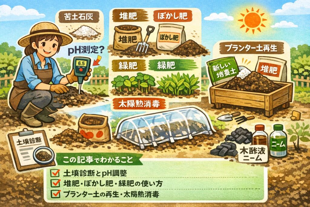 家庭菜園の有機栽培の土作り入門：団粒構造と堆肥の目安量など