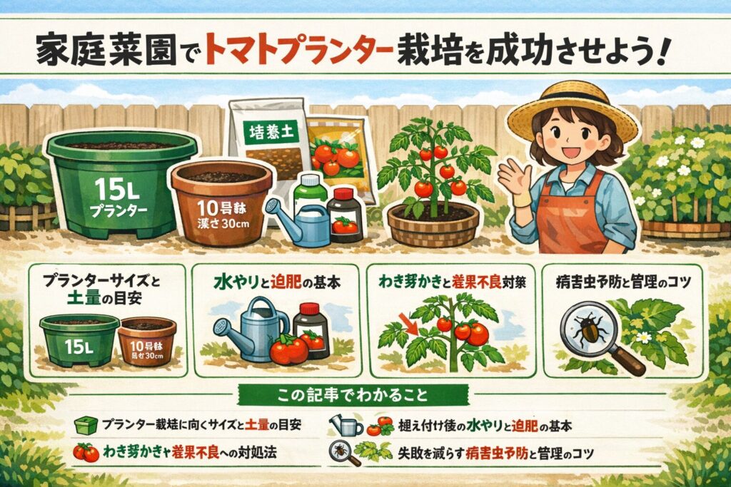 家庭菜園のトマトをプランターで成功する育て方と管理方法を解説します