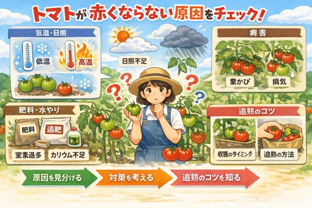 家庭菜園のトマトが赤くならない時の見分け方とすぐできる対策