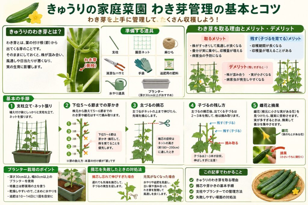 きゅうりを家庭菜園で育てる時の「わき芽」管理と摘芯の基本を徹底解説