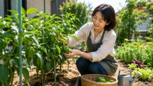 家庭菜園で元気に育ったピーマンを収穫する夏野菜栽培の成功例