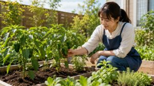 家庭菜園でピーマンの株を確認しながら日当たりと風通しを管理している様子