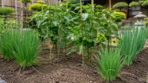 ピーマンの周囲にニラやネギを少し離して植えた家庭菜園の病気対策向け植え合わせ