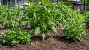 ピーマンの株元近くに落花生や枝豆を配置した家庭菜園の土づくりに役立つ植え合わせ