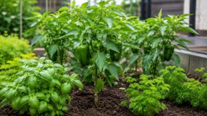ピーマンの近くにバジルとパセリを植えた害虫対策向けの家庭菜園コンパニオンプランツ