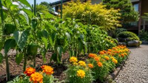 ピーマンの畝端にマリーゴールドを植えた線虫対策に役立つ家庭菜園の植え合わせ