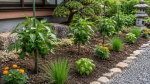 ピーマンとハーブや花を適度な株間で植えた風通しの良い家庭菜園の配置例