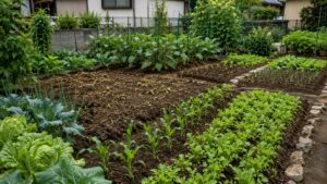 ピーマン栽培後の畑に葉物野菜やトウモロコシを植えた家庭菜園の輪作と後作の例