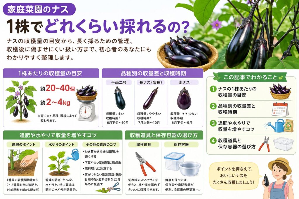 ナスの家庭菜園の収穫量目安と増やし方を徹底解説　保存方法も