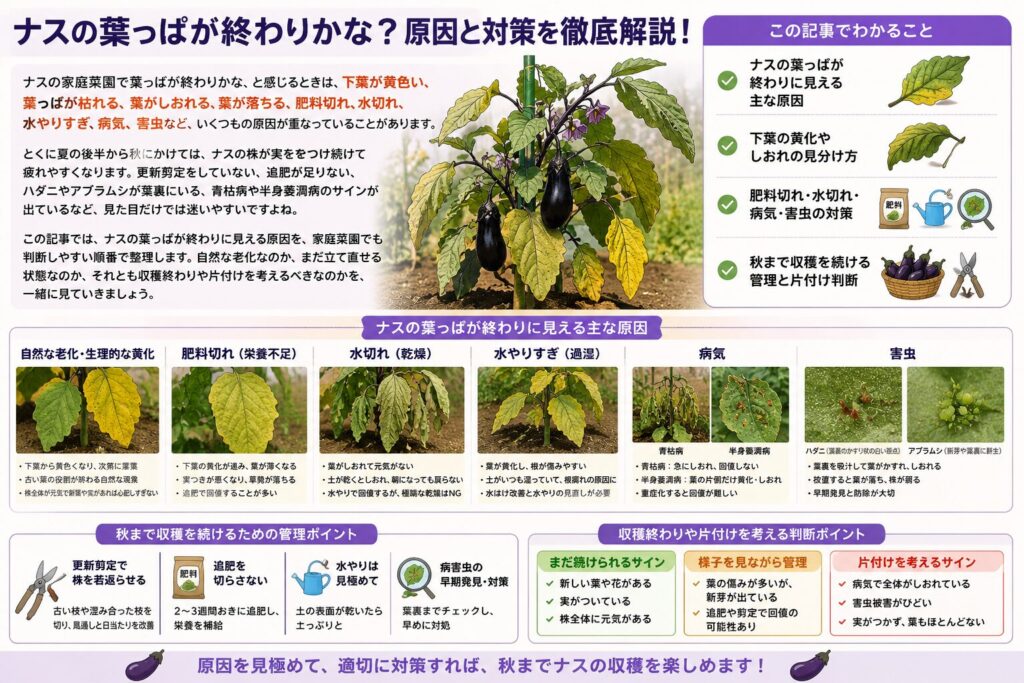 ナスの家庭菜園 葉っぱの終わりはどんなサイン？原因と秋まで続ける対策