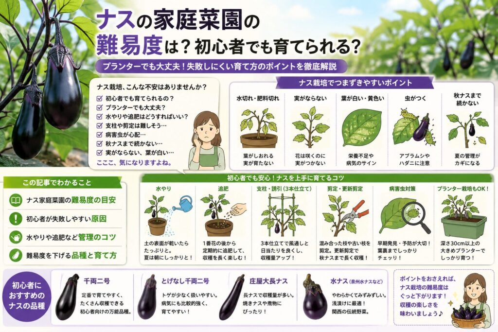 ナスを家庭菜園でつくる難易度は高い？初心者向け栽培方法をやさしく解説