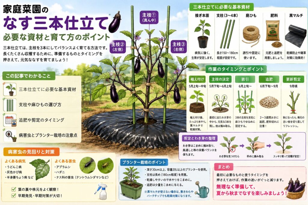 家庭菜園でつくるなすの三本仕立てを成功させる管理方法総まとめ入門