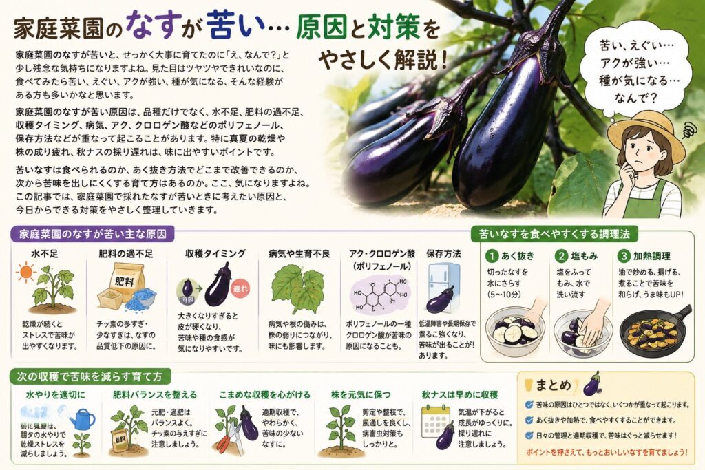 家庭菜園のなすが苦い時の原因と簡単な改善方法を徹底解説　調理方法も