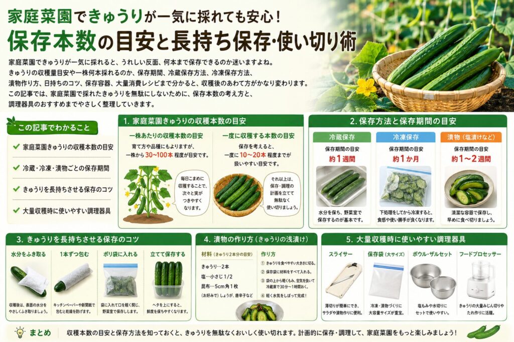 家庭菜園のきゅうりは何本採れる？保存は？冷蔵冷凍と漬物保存を解説