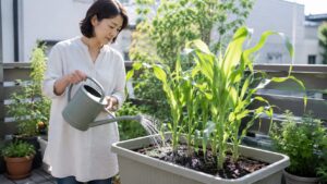 深型プランターのとうもろこしに水やりする日本人女性