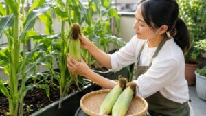 プランターで育てたとうもろこしを朝に収穫する日本人女性