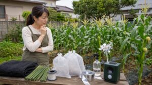 家庭菜園のとうもろこしカラス対策用品を比較する日本人女性