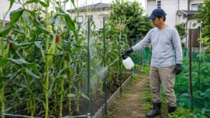 家庭菜園のとうもろこし畑の周辺に忌避剤を散布する日本人男性
