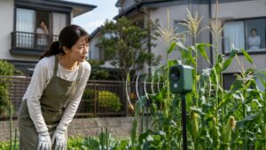 家庭菜園のとうもろこし畑で超音波グッズの設置場所を確認する日本人女性