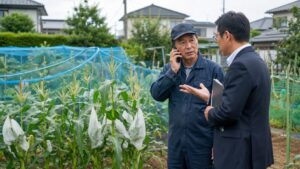 とうもろこしのカラス被害について自治体や専門家に相談する日本人男性
