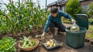 カラスを寄せないため家庭菜園のとうもろこし残さを片付ける日本人男性