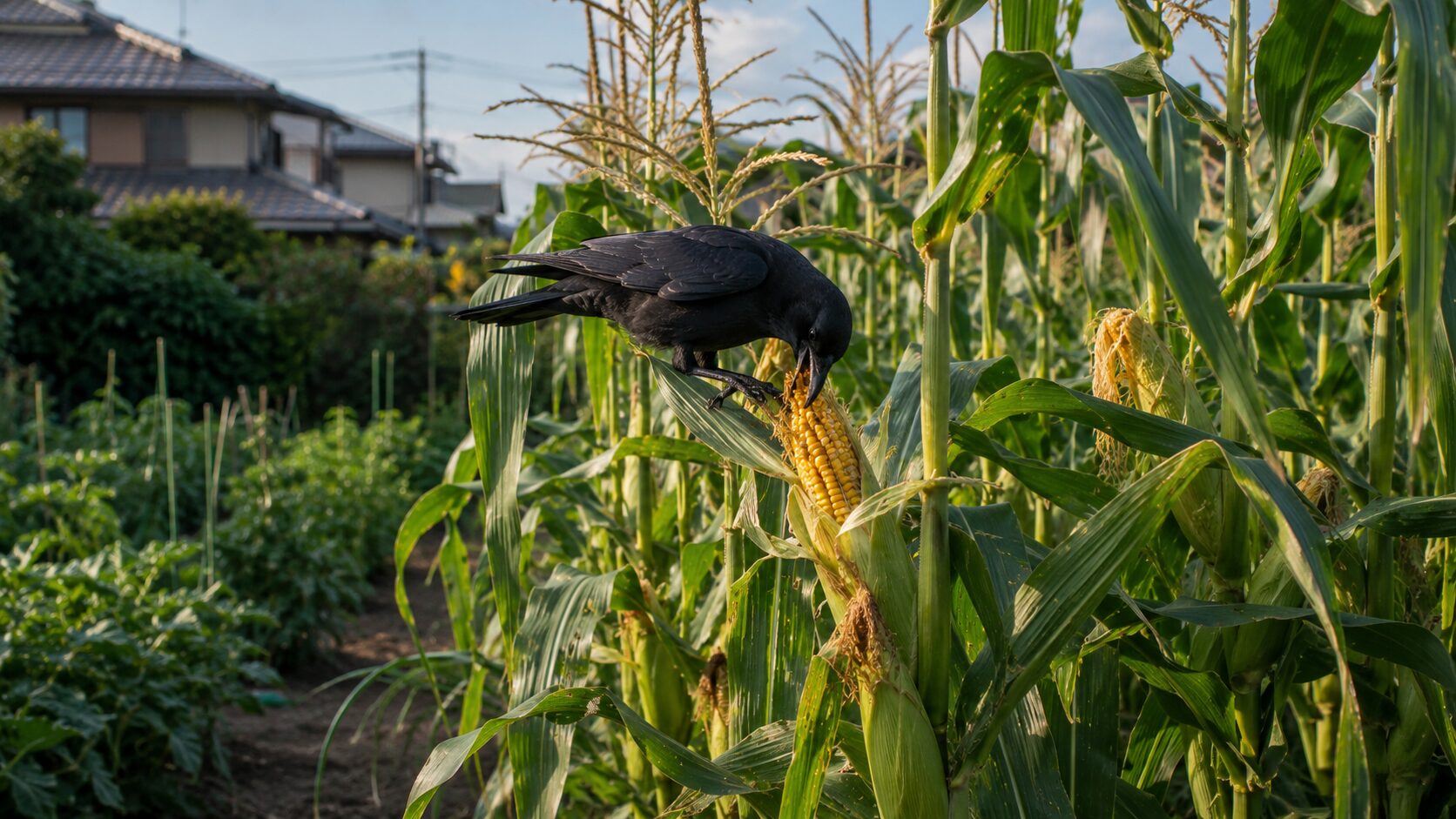 家庭菜園のとうもろこしをカラスが食べる収穫直前の被害