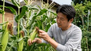家庭菜園でとうもろこしのひげを見て収穫時期を確認する日本人男性