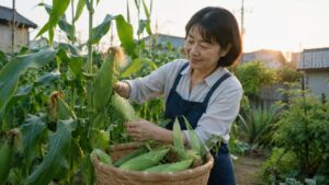 家庭菜園でカラス対策として早めにとうもろこしを収穫する日本人女性