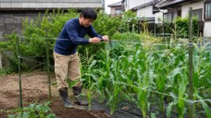 家庭菜園のとうもろこしにテグスを張ってカラス対策をする日本人男性