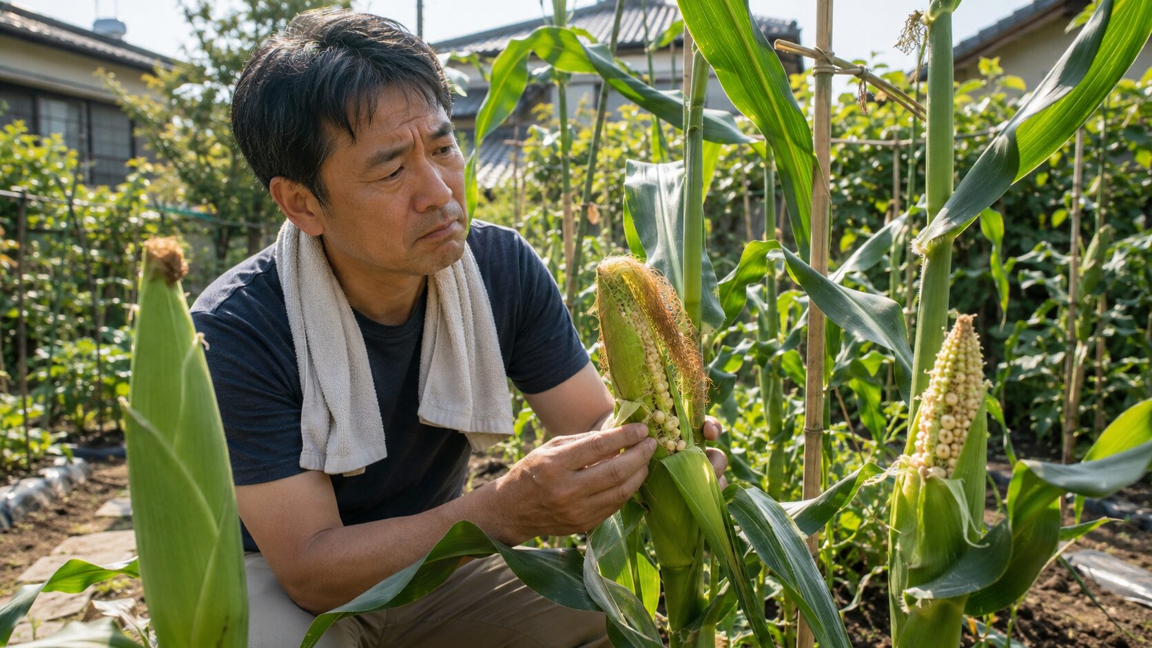 家庭菜園のとうもろこしで実がならない原因を確認する日本人男性