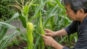 とうもろこしの雌穂と絹糸を確認して実がならない症状を見分ける様子