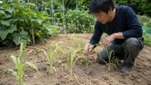 生育不良で細く育ったとうもろこし苗を確認する家庭菜園の様子