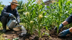 開花期のとうもろこしに水やりと土寄せをする家庭菜園の管理作業