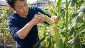 とうもろこしの雄穂を絹糸に近づけて人工授粉する家庭菜園の作業