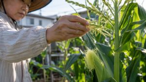 とうもろこしの雄穂を揺らして絹糸に花粉を落とす人工授粉の作業