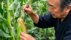 とうもろこしの絹糸全体に雄穂を触れさせて人工授粉する様子
