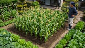 とうもろこしを複数列のブロック植えにした家庭菜園の畑