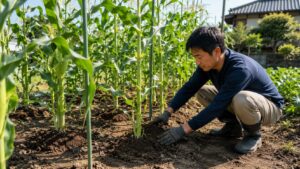 とうもろこしの株元に土寄せをして倒伏を防ぐ家庭菜園の作業