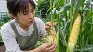 アワノメイガの虫害で傷んだとうもろこしの実を確認する日本人女性