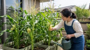 プランター栽培のとうもろこしに水やりしながら絹糸を確認する女性
