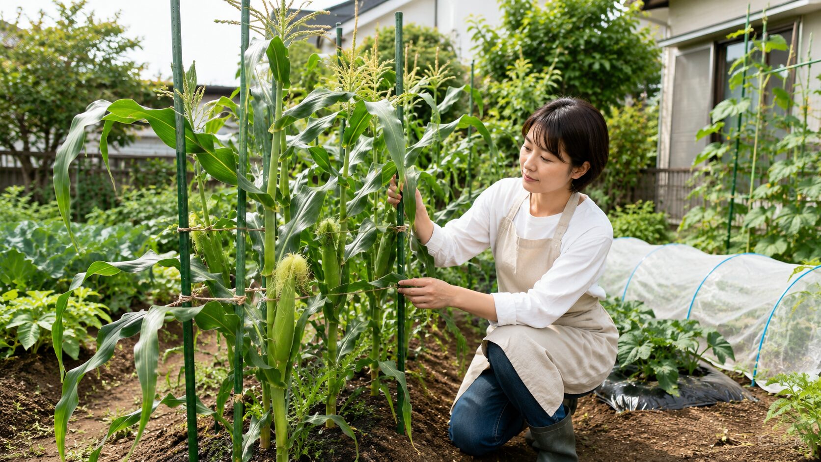 家庭菜園で支柱を使いながらとうもろこしを育てる様子