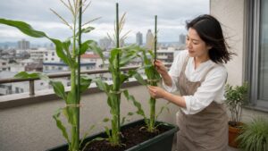 ベランダのプランターで支柱を立ててとうもろこしを育てる様子