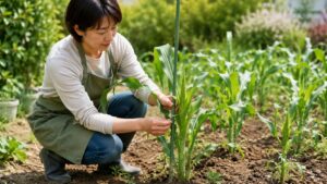 とうもろこしの成長初期に支柱を立てて固定する作業