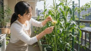ベランダ栽培のとうもろこしに人工授粉を行う日本人女性の様子