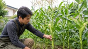 家庭菜園でとうもろこしのわき芽と雄穂を確認する日本人男性