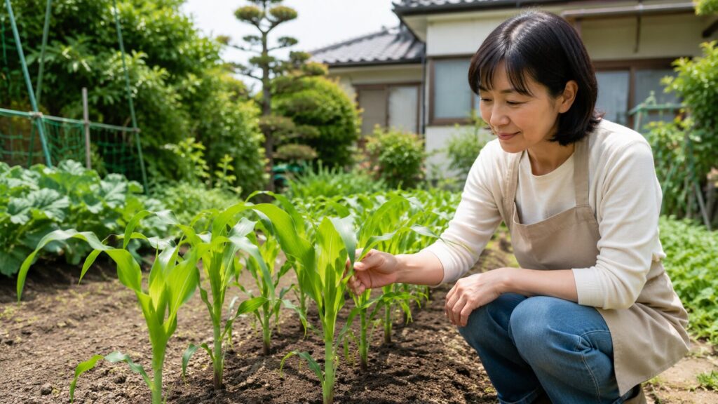家庭菜園で元気に育つとうもろこし苗を確認する日本人女性