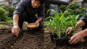 とうもろこしの種まきと苗植えを比較する家庭菜園の様子