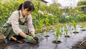 黒マルチの畑にとうもろこし苗を植え付ける家庭菜園作業