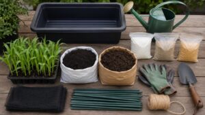 とうもろこし苗の植え付けに必要な道具と資材一式